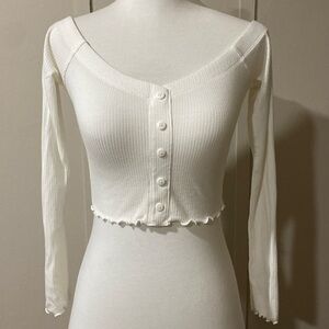 Forever 21 White Off-the-shoulder Lettuce-edge Long Sleeve Crop Top, Size Small
